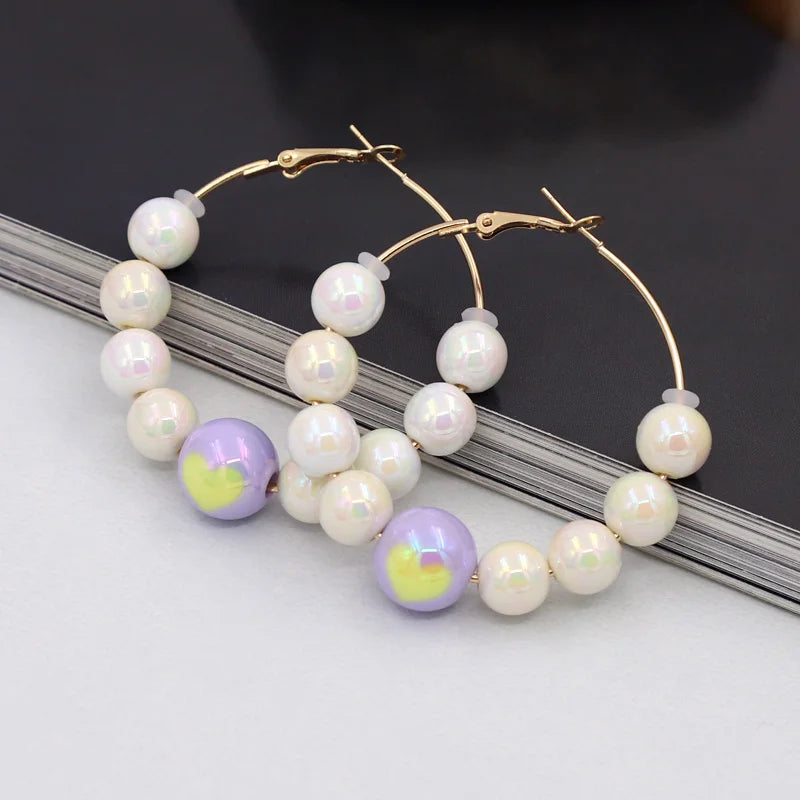 Earrings for Women Accessories 2025 New Fashion Round Beads Love Heart Colorful Hoop Earrings Leisure Party Vacation Jewelry