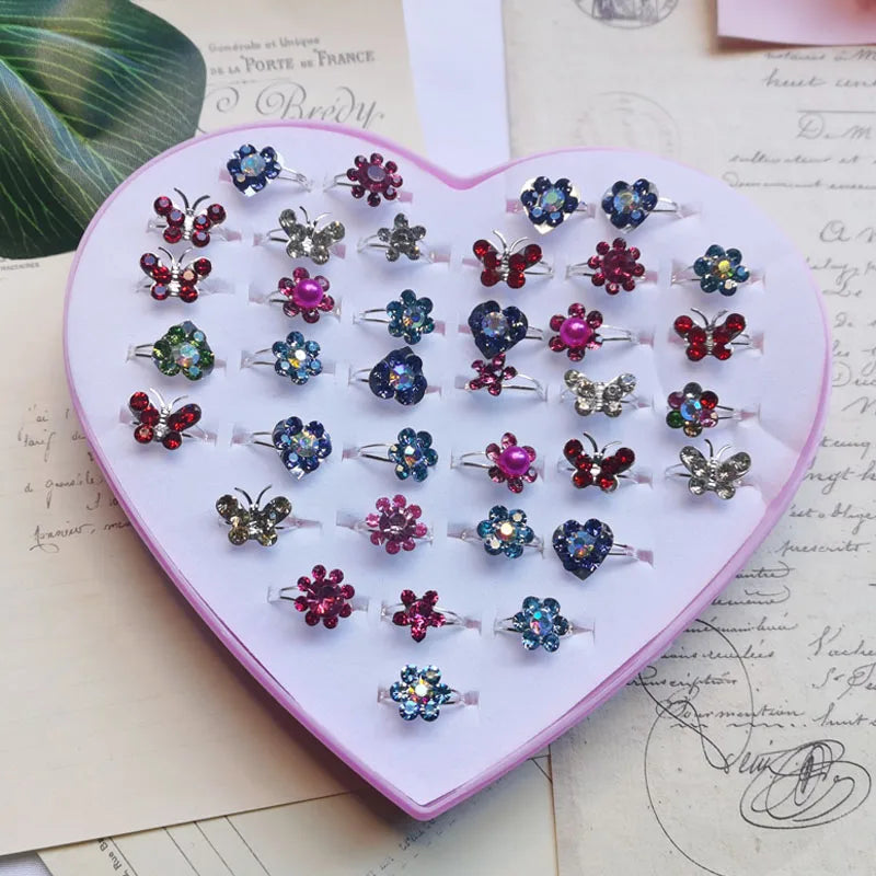 5pcs/Box Zircon Rings For Girls Kids Child Jewelry Adjustable Little Crystal Play Box Gift Toy Pretend Dress Up Rhinestone Ring