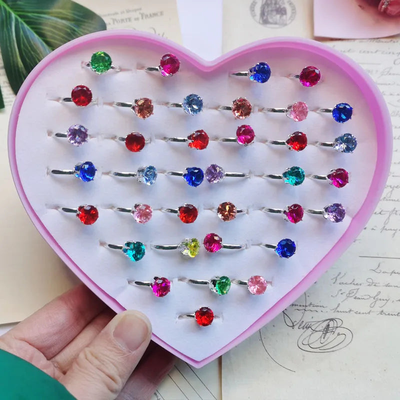 5pcs/Box Zircon Rings For Girls Kids Child Jewelry Adjustable Little Crystal Play Box Gift Toy Pretend Dress Up Rhinestone Ring