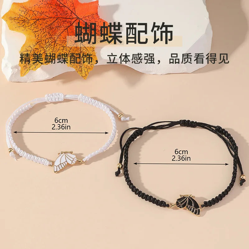 2Pcs Braided Rope Women Bracelet Black White Blue Pink Splicing Butterfly Girl Friendship Couple Braclet for Bestie Adjustable ﻿