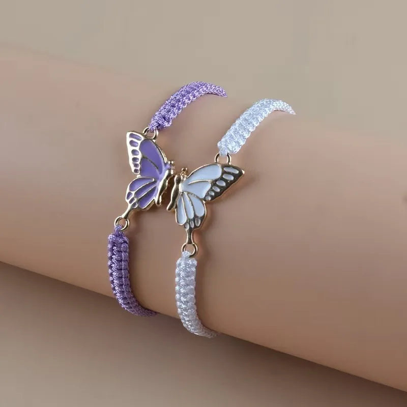 2Pcs Braided Rope Women Bracelet Black White Blue Pink Splicing Butterfly Girl Friendship Couple Braclet for Bestie Adjustable ﻿