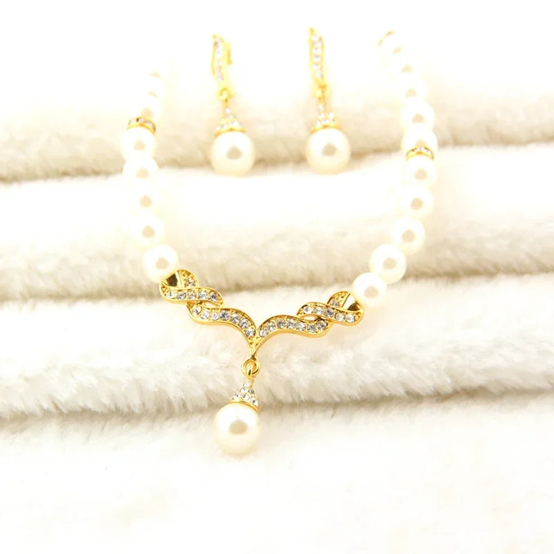 Pearl Necklace Gold Color Jewelry Set for Women Clear Crystal Elegant Party Gift Fashion Costume Jewelry Sets