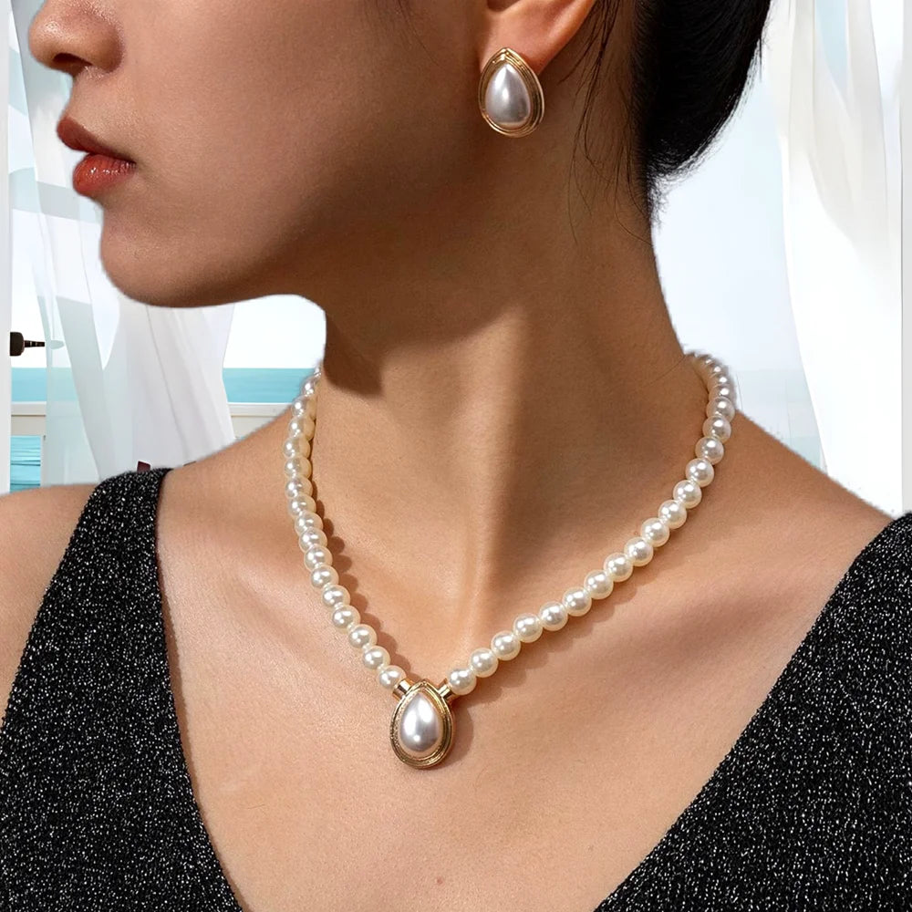 New Bride Wedding Jewelry Sets For Women Fashion Elegant Minimalist Imitation Pearl Water Drop Choker Neckchain And Earrings