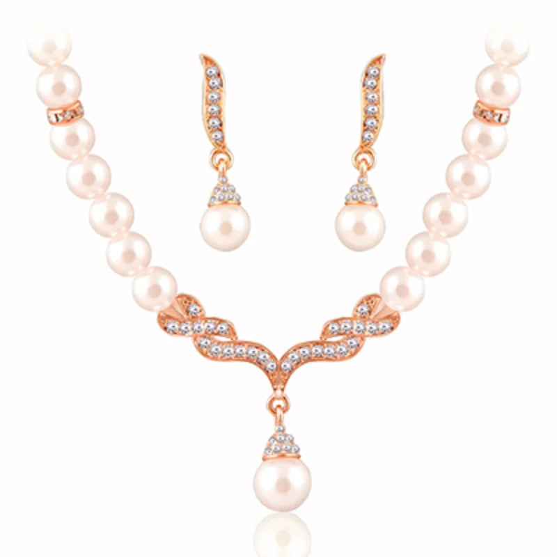 Pearl Necklace Gold Color Jewelry Set for Women Clear Crystal Elegant Party Gift Fashion Costume Jewelry Sets