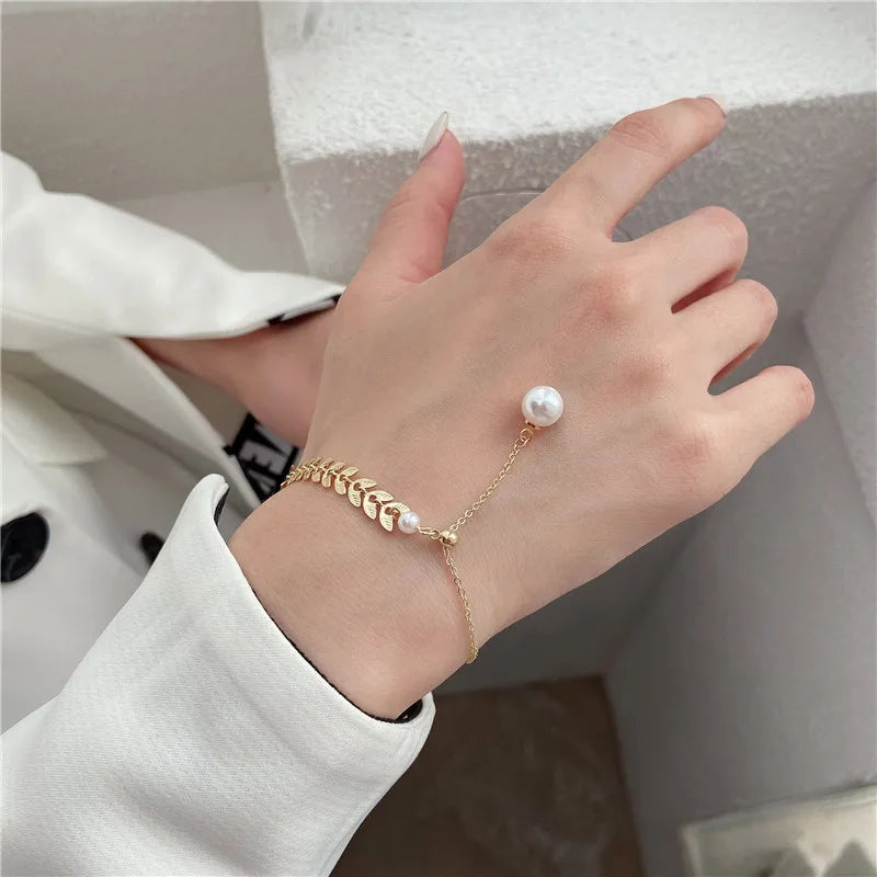 JWER Simple Wheat Ear Pearl Bracelet Necklace Earrings Jewelry Set for Women Temperament Lucky Gold Color Bracelet Charm Jewelry