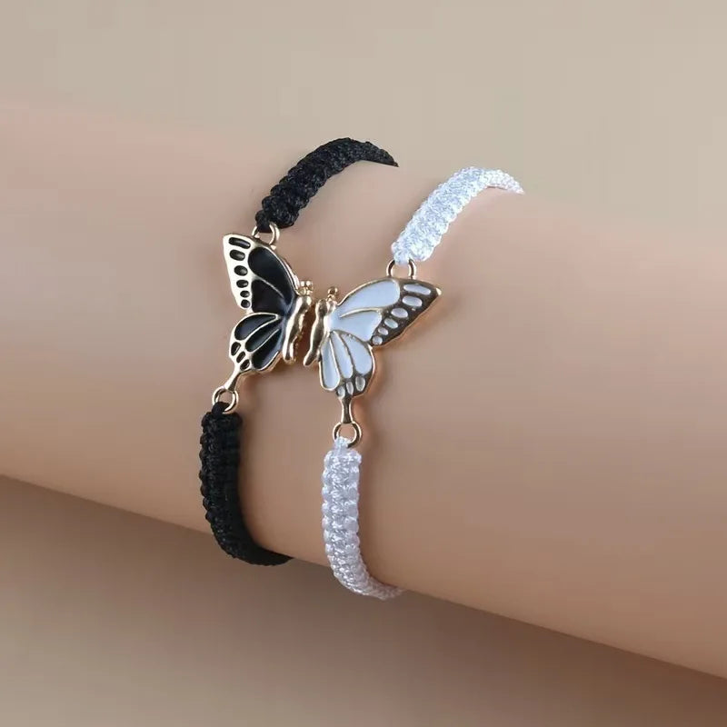 2Pcs Braided Rope Women Bracelet Black White Blue Pink Splicing Butterfly Girl Friendship Couple Braclet for Bestie Adjustable ﻿