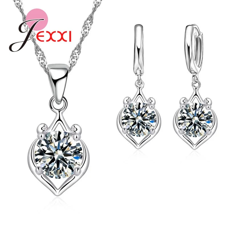 New 925 Sterling Silver Jewelry Set Engagement Wedding Bridal Crystal Rhinestone Flower Round Pendant Necklace Earring Sets