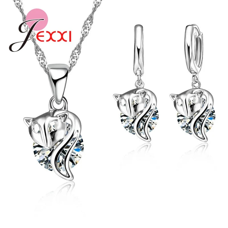 New 925 Sterling Silver Jewelry Set Engagement Wedding Bridal Crystal Rhinestone Flower Round Pendant Necklace Earring Sets