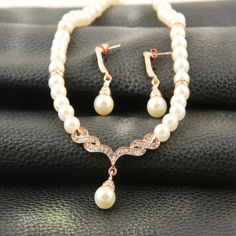 Pearl Necklace Gold Color Jewelry Set for Women Clear Crystal Elegant Party Gift Fashion Costume Jewelry Sets