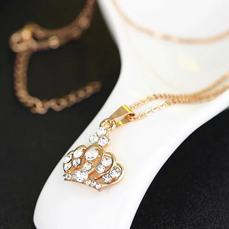 New 4pcs Luxury Gold Color Crown Jewelry Sets For Women Wedding Jewelry Crystal Necklace/Earring/Bracelet/Ring Set For Woman