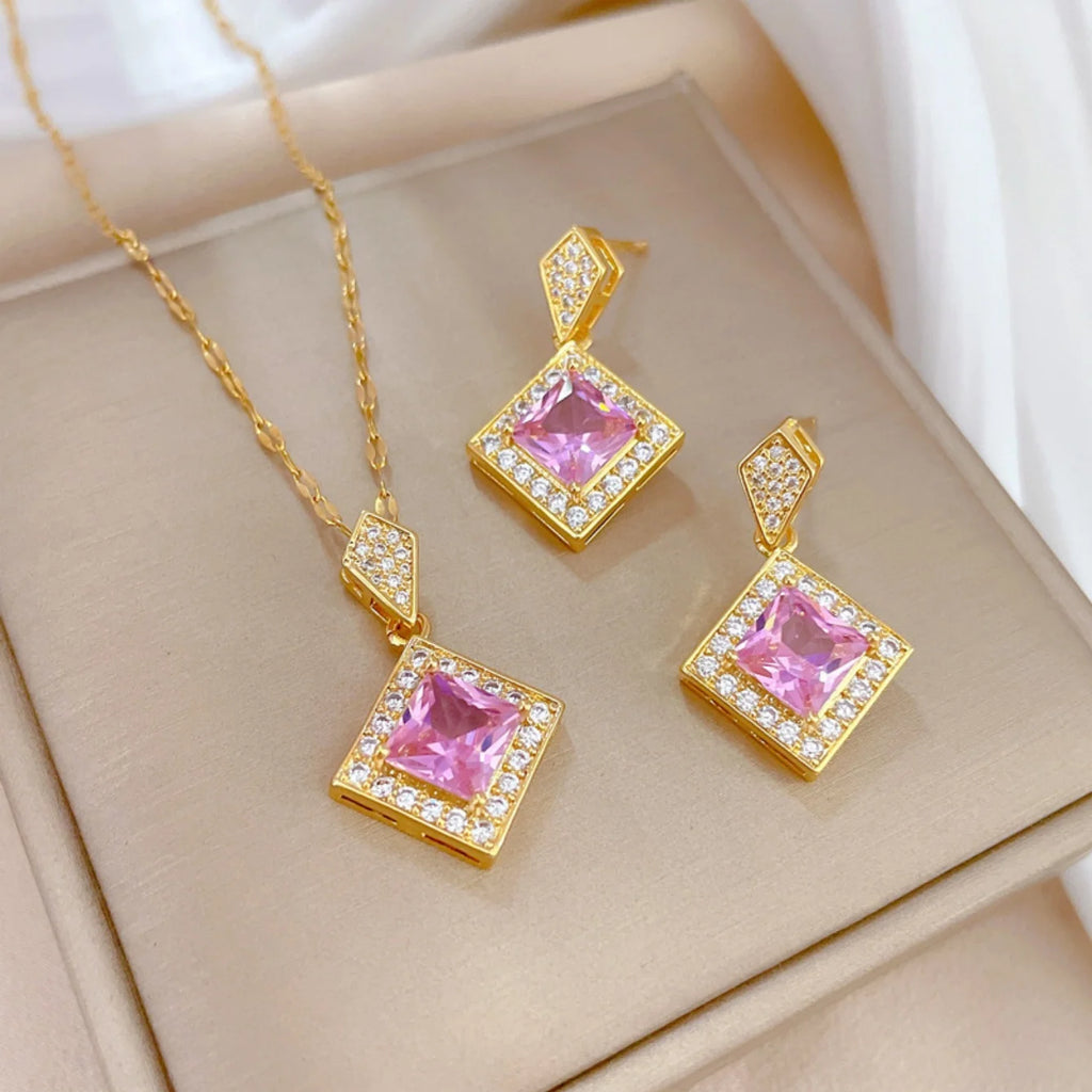 Exquisite Geometry Square Necklace Earrings Jewelry Set Charm Ladies Jewelry Fashion Bridal Accessory Set Romantic Gift