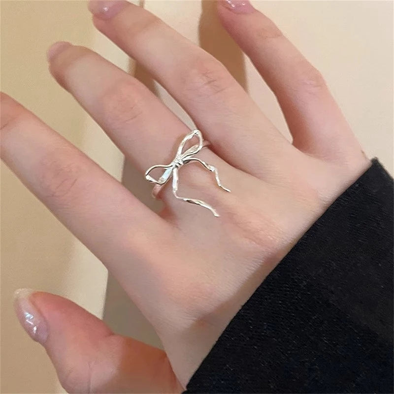 2Pcs Fashion Bow Ribbon Rings For Women Girls Sweet Cute Geometric Bow Opening Adjustable Rings Wedding Party Jewelry Gifts