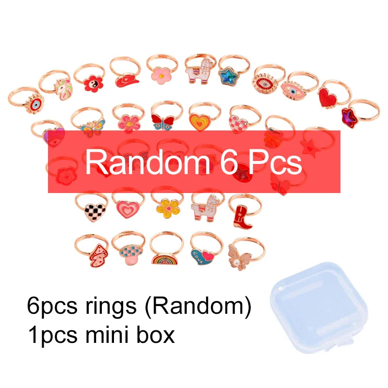 6/12Pcs Cute Cartoon Kids Rings Kawaii Children Girls Flower Alloy Finger Rings Child Jewelry Birthday Gift Adjustable Rings