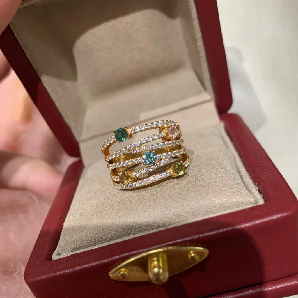 Foydjew Fashion Exquisite Rainbow Colorful Zircon Necklaces Bracelets Gold Color Multi-layer Rings Jewelry Sets For Women