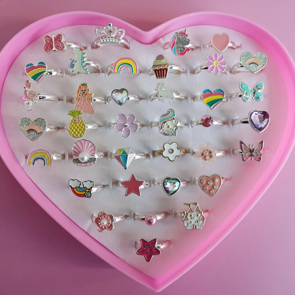 5pcs/Box Zircon Rings For Girls Kids Child Jewelry Adjustable Little Crystal Play Box Gift Toy Pretend Dress Up Rhinestone Ring