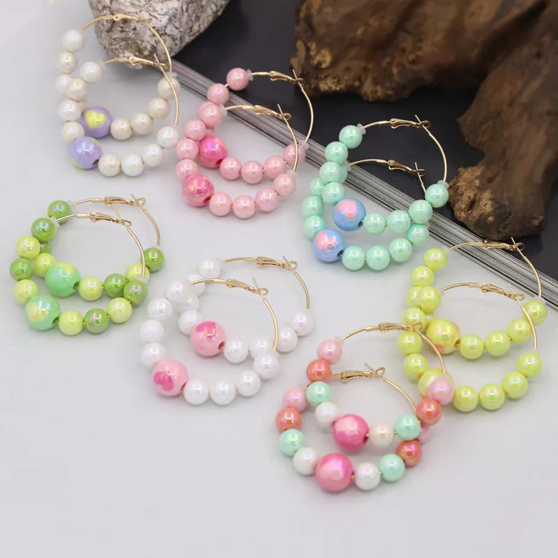 Earrings for Women Accessories 2025 New Fashion Round Beads Love Heart Colorful Hoop Earrings Leisure Party Vacation Jewelry