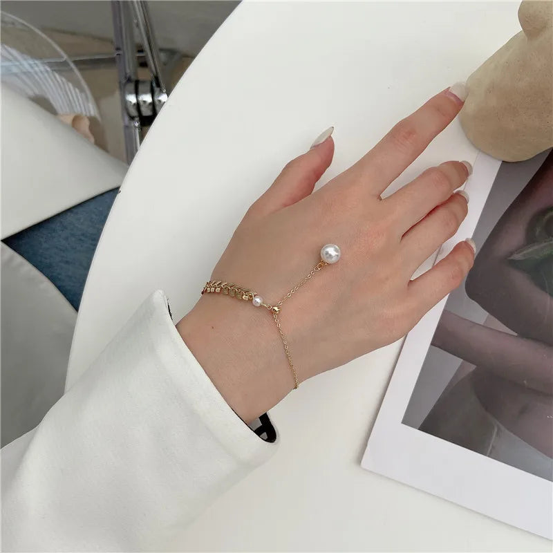 JWER Simple Wheat Ear Pearl Bracelet Necklace Earrings Jewelry Set for Women Temperament Lucky Gold Color Bracelet Charm Jewelry