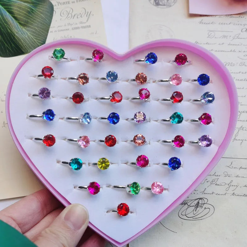 5pcs/Box Zircon Rings For Girls Kids Child Jewelry Adjustable Little Crystal Play Box Gift Toy Pretend Dress Up Rhinestone Ring