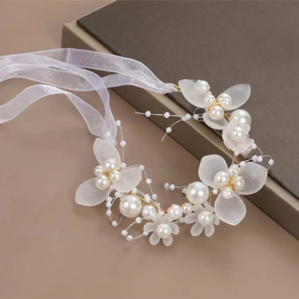New Fairy Tale Children's Headband Golden Leaf & Pearl Flower Garland Crown Hairband Handmade for Girls Birthday Pageant